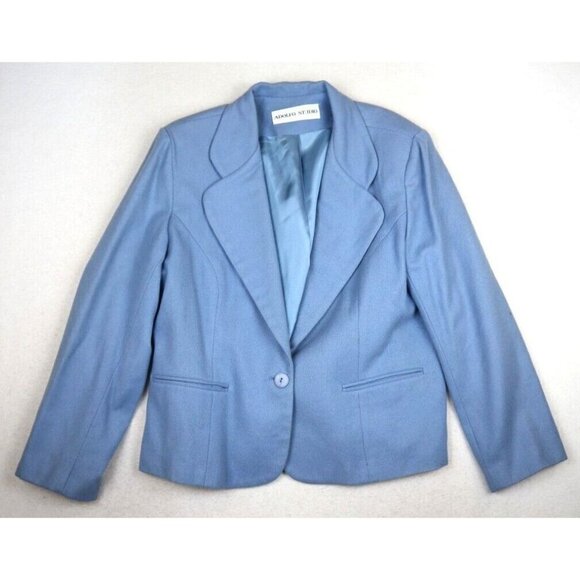 ADOLFO STUDIO - WOMEN'S BLUE ONE-BUTTON 100% WOOL BLAZER JACKET - SIZE 14P - Picture 2 of 15
